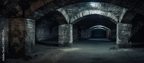Dark abandoned underground vaulted cellar with stone arches and dim lighting  featuring grey concrete walls and a shadowy floor space.