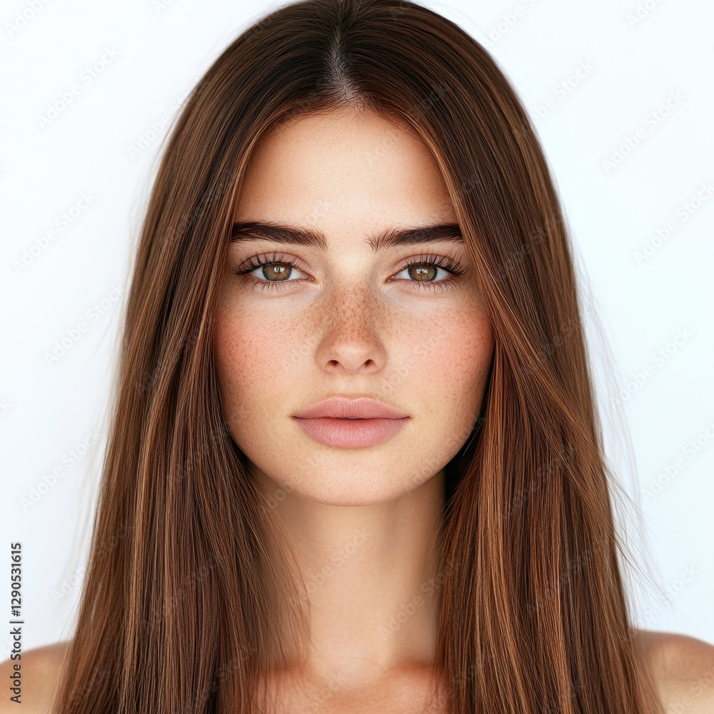 Brunette model with long straight hair, smooth skin, clear features, neutral expression, isolated on white background, showcasing natural beauty. Brunette model with long straight hair, smooth skin, clear features, neutral expression, isolated on white background, showcasing natural beauty.
