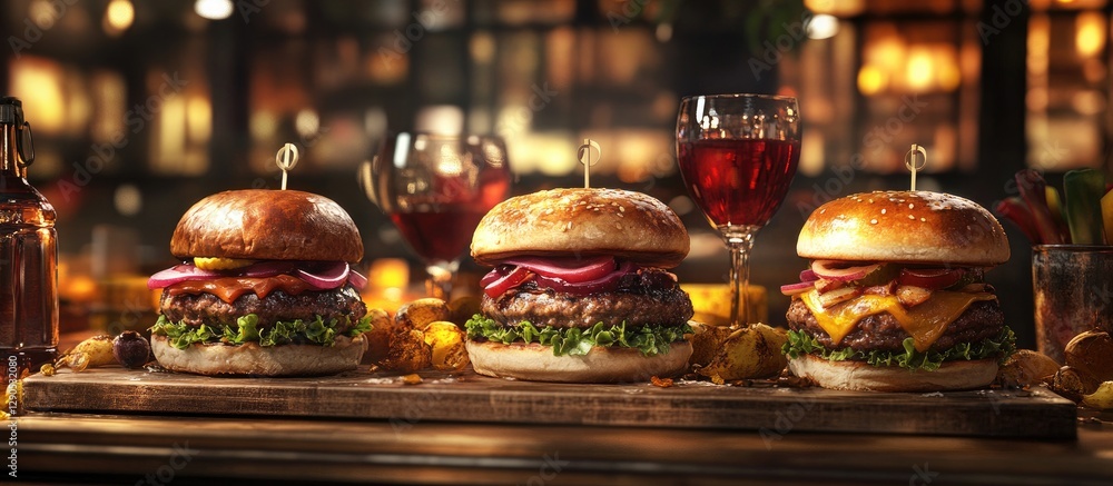 Three gourmet burgers displayed on a wooden board, featuring vibrant green lettuce, red onions, and crispy fries, surrounded by glasses of red drink in warm ambient lighting. Three gourmet burgers displayed on a wooden board, featuring vibrant green lettuce, red onions, and crispy fries, surrounded by glasses of red drink in warm ambient lighting.