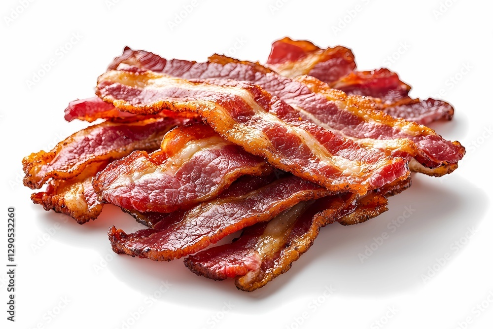 Crispy fried bacon slices arranged on a plate, showcasing golden-brown texture and rich color, ideal for breakfast or gourmet meals, book illustration style Crispy fried bacon slices arranged on a plate, showcasing golden-brown texture and rich color, ideal for breakfast or gourmet meals, book illustration style