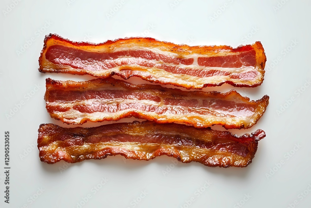 Crispy fried bacon slices arranged on a plate, showcasing golden-brown texture and rich color, ideal for breakfast or gourmet meals, book illustration style