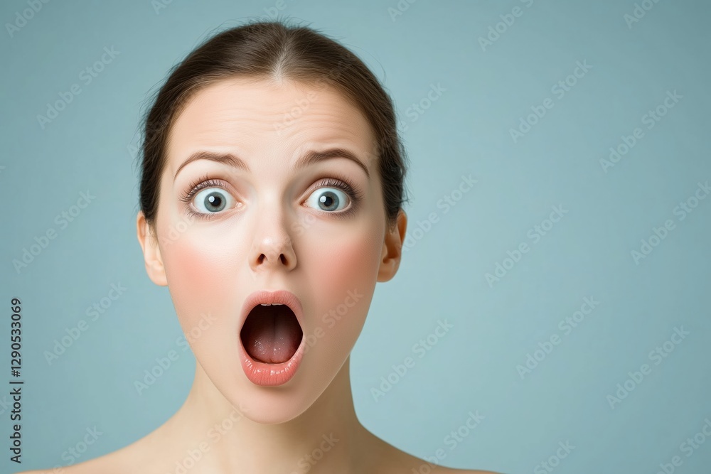 Surprised woman with wide eyes and open mouth against a pastel blue background. Shock and amazement concept. Surprised woman with wide eyes and open mouth against a pastel blue background. Shock and amazement concept.