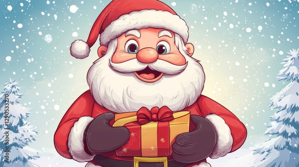 Joyful santa claus bringing gifts amidst snowy winter wonderland scene Joyful santa claus bringing gifts amidst snowy winter wonderland scene