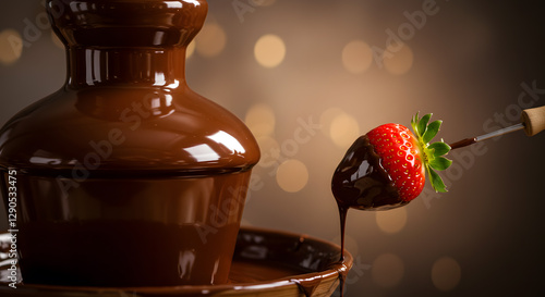 Delicious Chocolate Fountain with Strawberry Dipped in Melted Chocolate Delightful Dessert