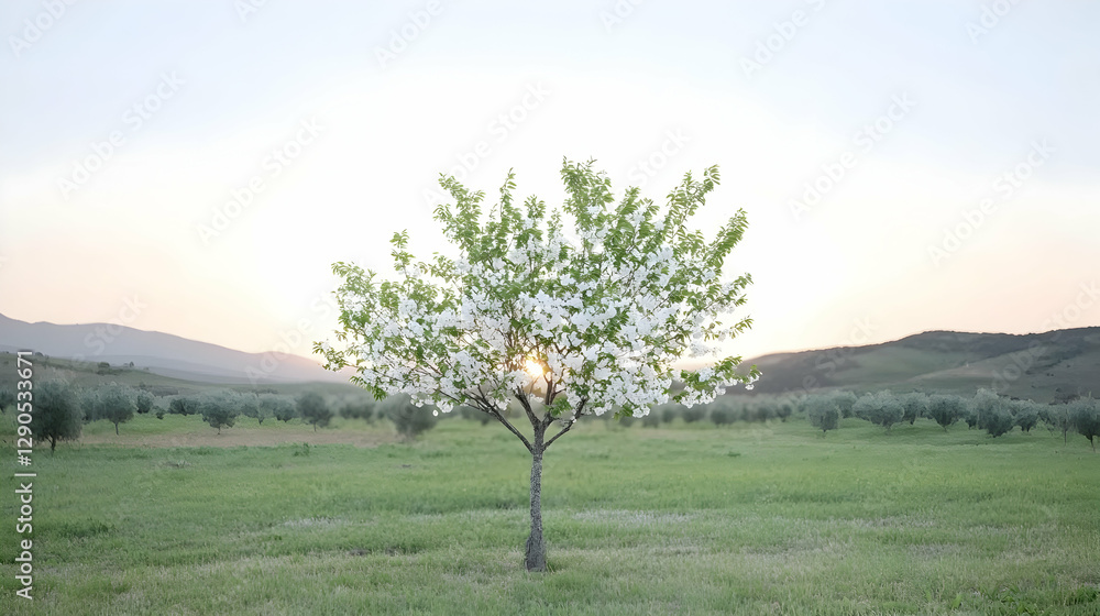 Blossoming tree in a meadow at sunrise Blossoming tree in a meadow at sunrise