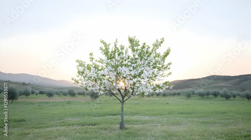 Blossoming tree in a meadow at sunrise photo