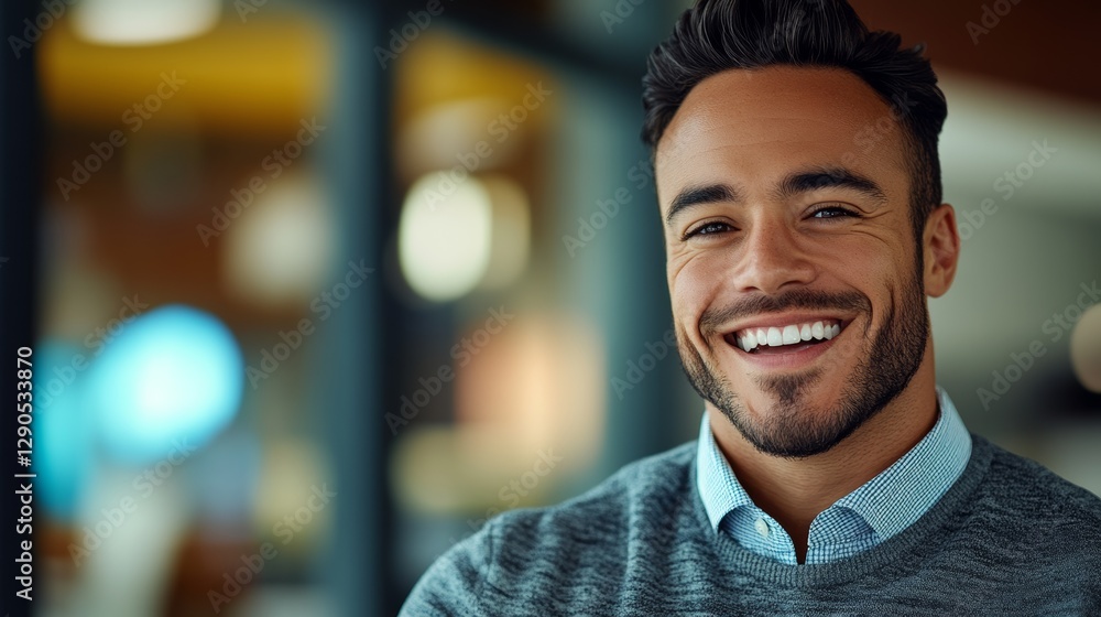 Man with a beard and a smile is smiling in front of a window. Concept of warmth and happiness, as the man's smile is infectious and his facial expression is inviting Man with a beard and a smile is smiling in front of a window. Concept of warmth and happiness, as the man's smile is infectious and his facial expression is inviting
