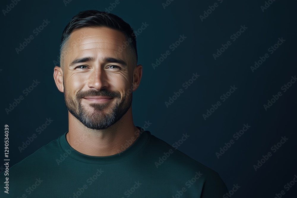 Fototapeta premium Confident man with a short beard smiling warmly in a dark green shirt against a dark background. Professional and approachable