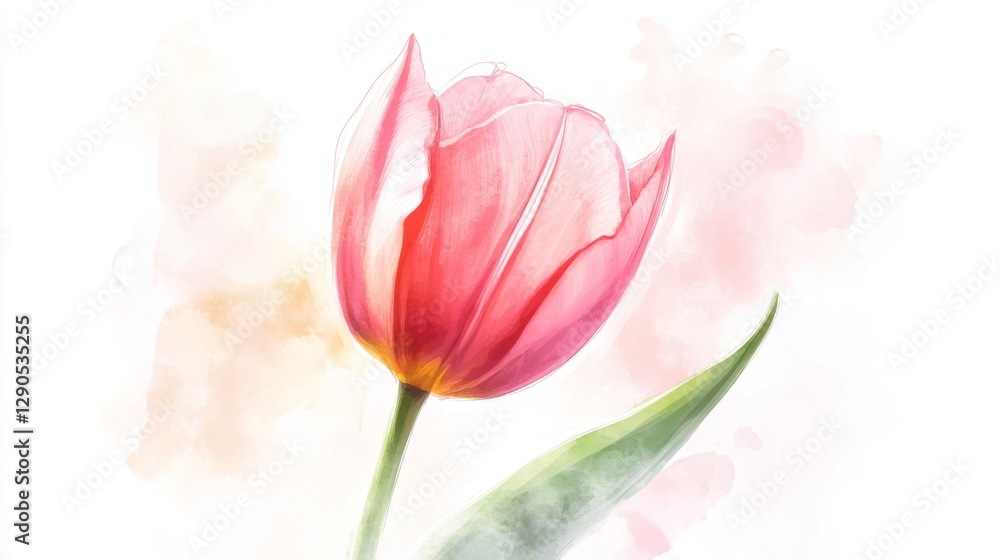 Fototapeta premium Pink tulip watercolor art with soft pastel background
