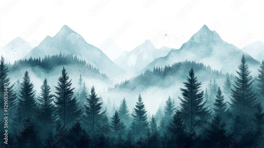 Fototapeta premium Misty mountain landscape with pine forest and layers of blue hills