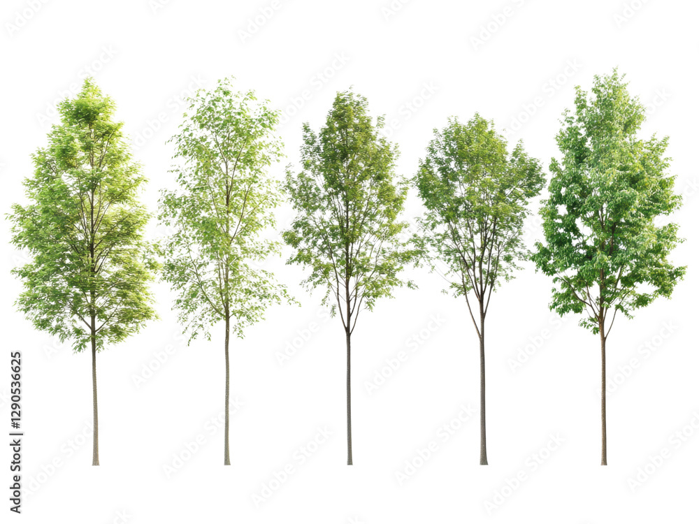 Fototapeta premium Five Lush Green Trees Isolated on Transparent Background Perfect for Landscaping Design and Architectural Visualization Projects