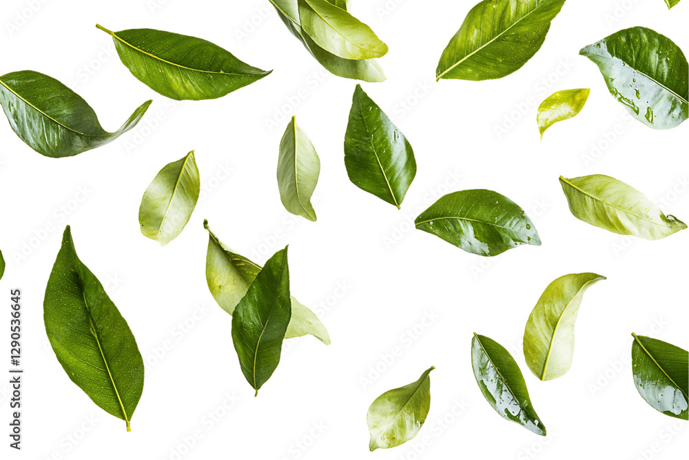 Multiple Vibrant Green Leaves Falling Against A Transparent Background, PNG Multiple Vibrant Green Leaves Falling Against A Transparent Background, PNG