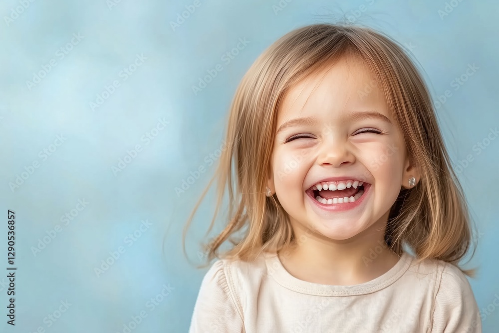 Laughing little girl with long blonde hair wearing beige sweater against soft blue background. Joy and childhood Laughing little girl with long blonde hair wearing beige sweater against soft blue background. Joy and childhood