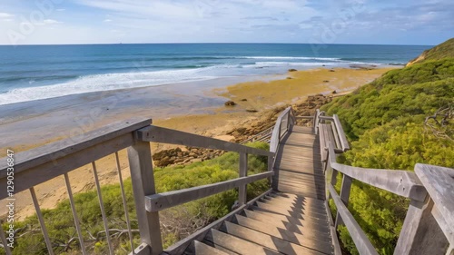 Wallpaper Mural Bells Beach Walkway, beach of the cult movies near Torquay, gateway to the Surf Coast of Victoria, Australia, where starts the tourist and Great Ocean road. REAL PHOTO animated by AI Torontodigital.ca