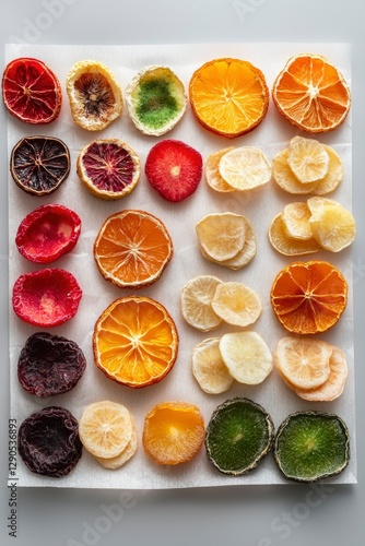 Sliced dried fruit mix on white surface for healthy snack/ingredient use photo