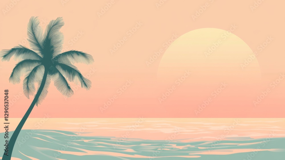 Obraz premium Tranquil sunset over ocean with silhouetted palm tree and calming waves