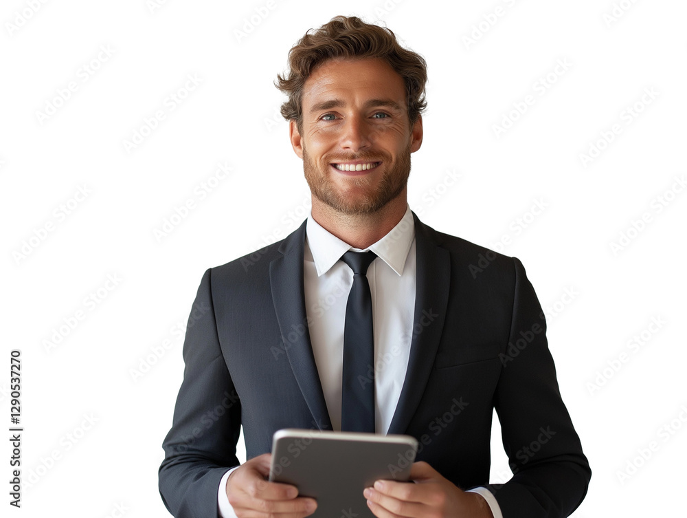a businessman holding a tablet with a smile. a businessman holding a tablet with a smile.