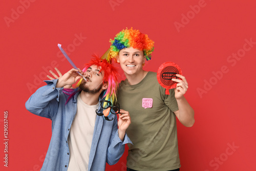 Young friends in funny disg...