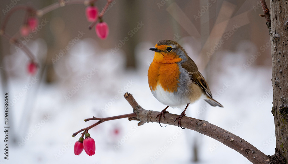 Fototapeta premium A robin perched on a snowy branch as the snow begins to melt, signaling the arrival of spring.