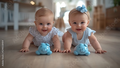 Twin Babies Crawling on Floor with Piggy Banks