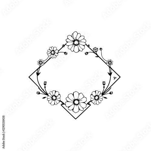 Intricate floral doodle frame. A black and white linear diamond-shaped frame with daisies and other floral elements.