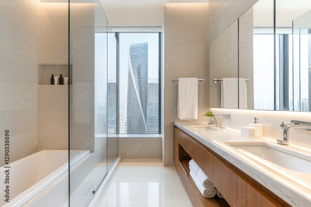 Glowing LED mirror in a sleek modern bathroom, showcasing high-tech hygiene and beauty routines in a contemporary setting Glowing LED mirror in a sleek modern bathroom, showcasing high-tech hygiene and beauty routines in a contemporary setting