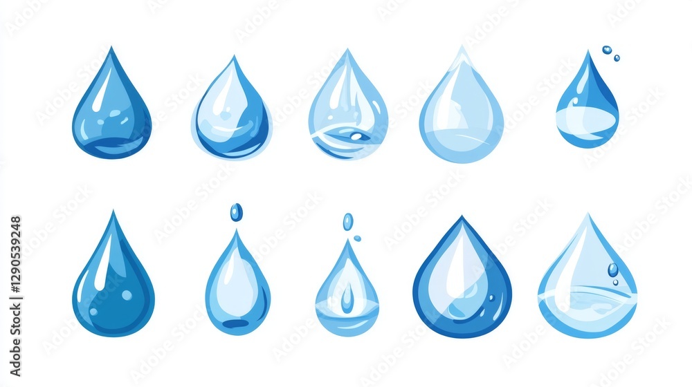Collection of water droplets in various shapes and shades on white background
