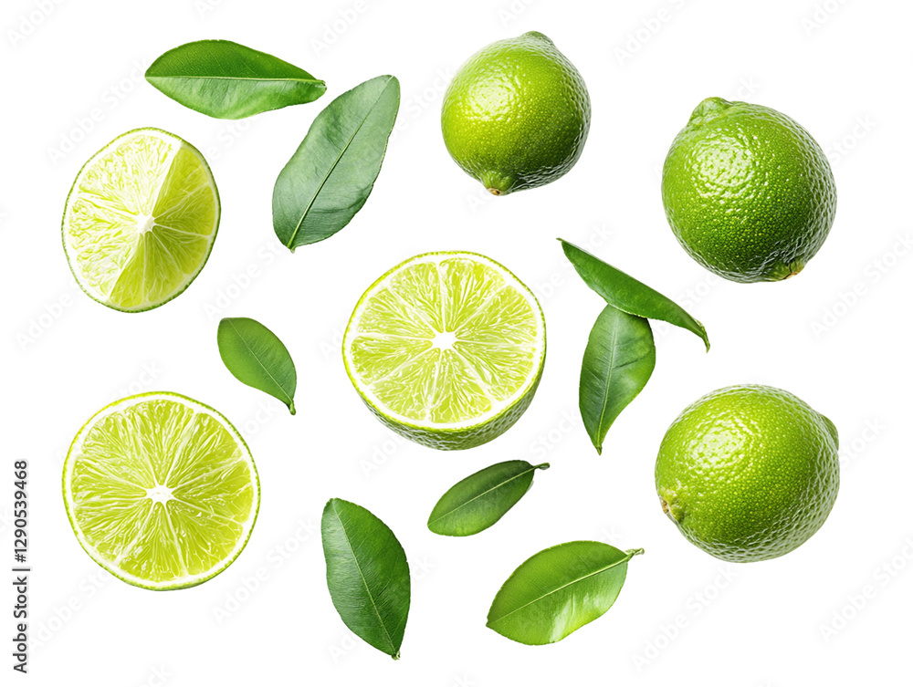 Fresh ripe limes whole and cut in half with green leaves on Transparent Background, PNG Fresh ripe limes whole and cut in half with green leaves on Transparent Background, PNG