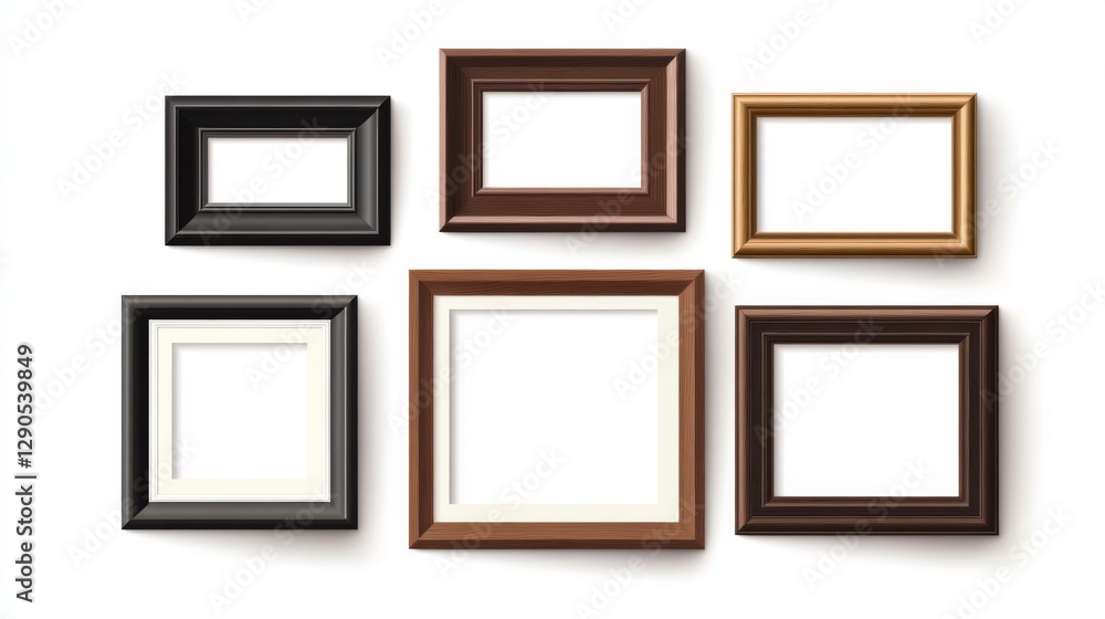 Collection of six empty picture frames in various colors and styles on white background Collection of six empty picture frames in various colors and styles on white background