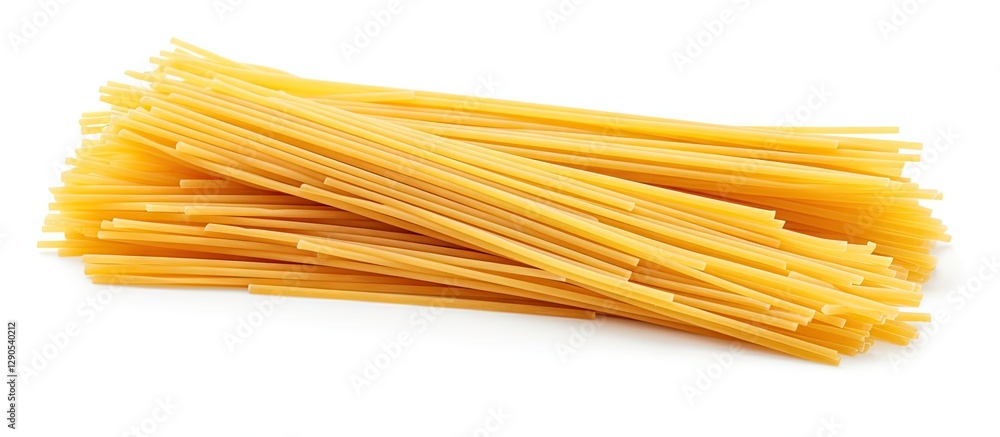 Raw spaghetti pasta arranged in a neat pile on a white background with varying shades of yellow giving a vibrant look to the composition. Raw spaghetti pasta arranged in a neat pile on a white background with varying shades of yellow giving a vibrant look to the composition.