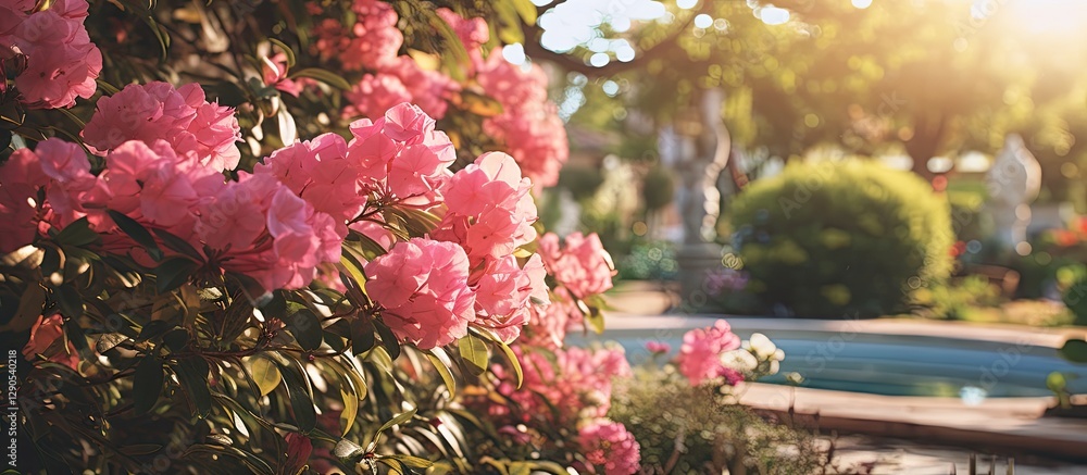 Pink bougainvillea flowers in full bloom near a serene fountain in a sunlit backyard, surrounded by lush greenery and garden statues. Pink bougainvillea flowers in full bloom near a serene fountain in a sunlit backyard, surrounded by lush greenery and garden statues.