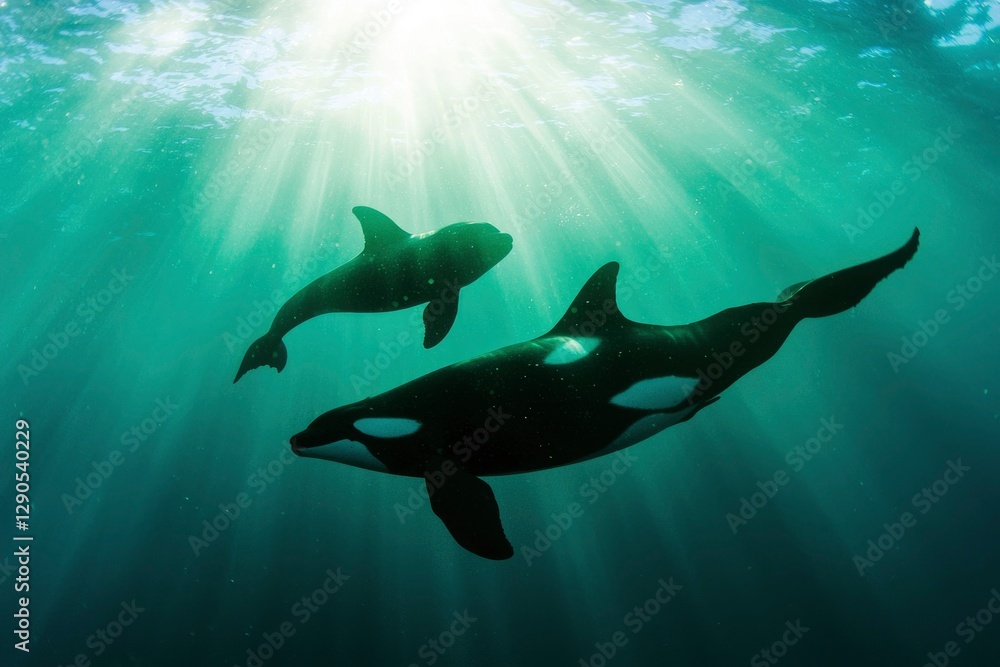 Obraz premium Orca with calf swims, sun rays shining through the water, wildlife conservation use