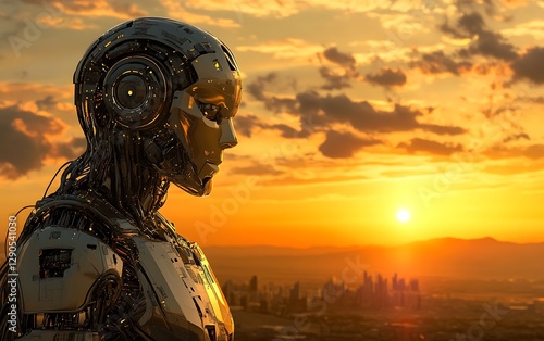 A highly detailed AI humanoid robot with complex mechanical components and advanced cybernetic features