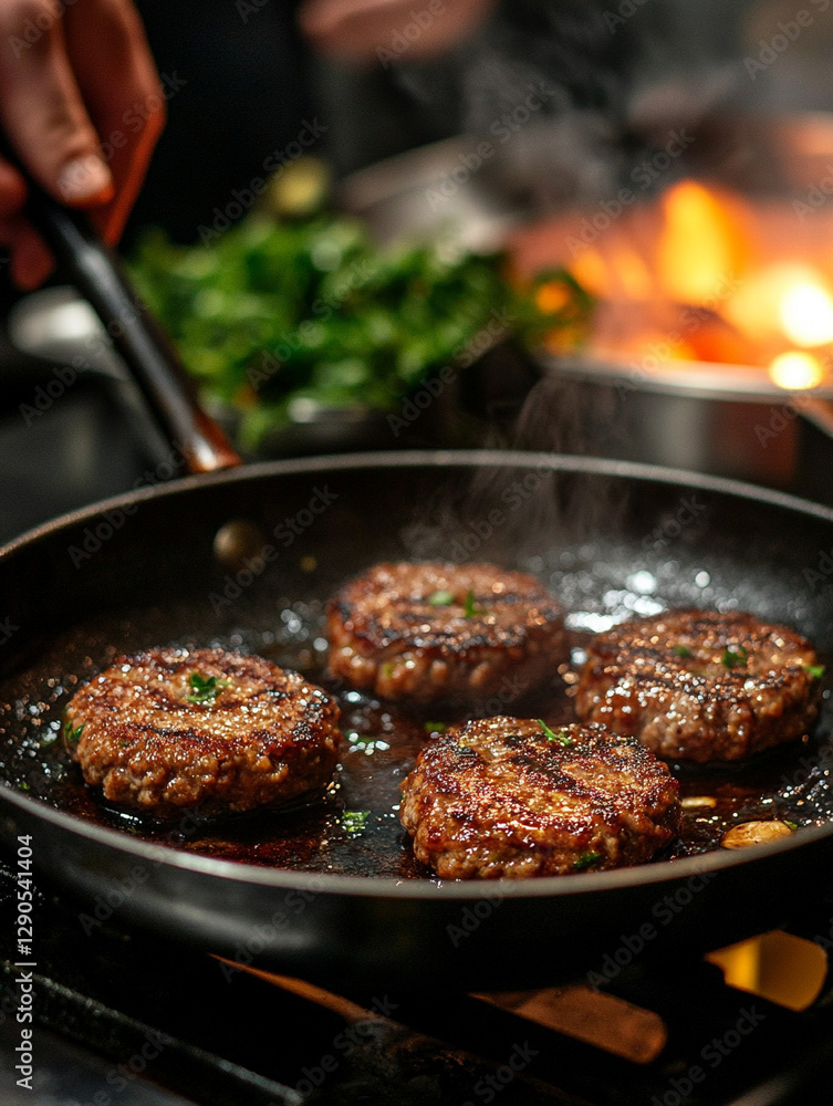 Fototapeta premium Sizzling burgers cooking on a hot grill in kitchen