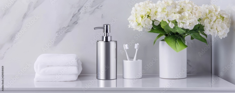 Minimalist bathroom with sleek countertop, hand soap, toothbrush holder, and fresh flowers, promoting a clean and refreshing atmosphere Minimalist bathroom with sleek countertop, hand soap, toothbrush holder, and fresh flowers, promoting a clean and refreshing atmosphere