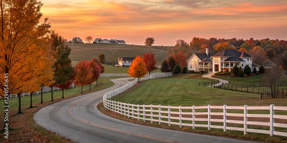 Fototapeta premium Winding Gated Road with Pristine White Fence at Sunset on a Crisp Autumn Evening, Leading to Luxury Homes on Sprawling Acreage in a Picturesque Rural Landscape