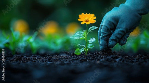 Gloved hand planting young flower in garden bed with other plants