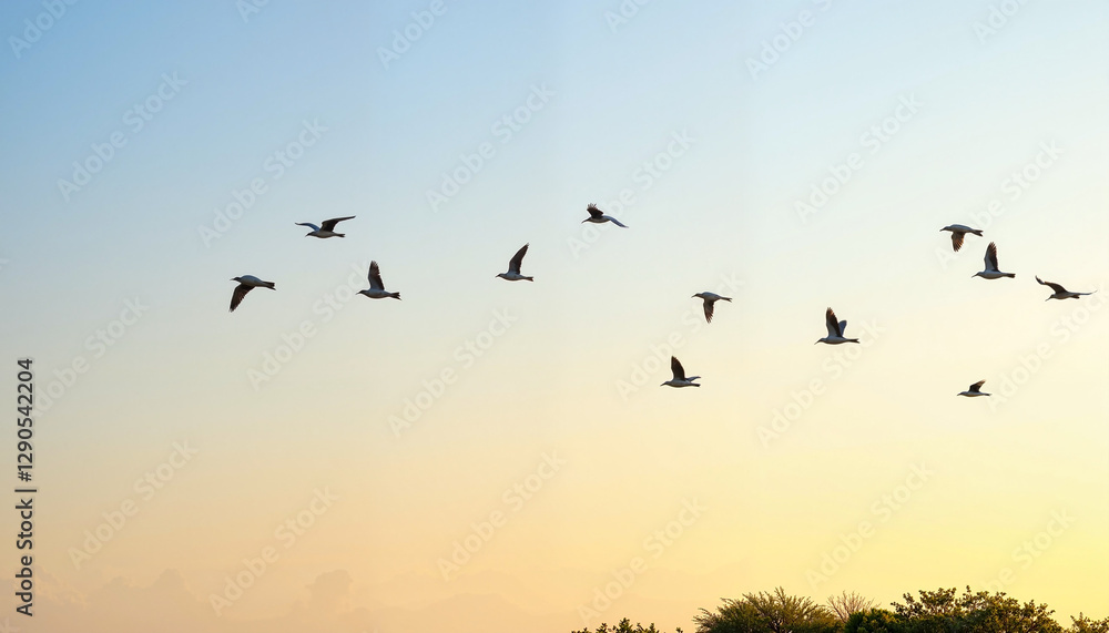 A flock of birds flying over a thawing landscape at sunrise, marking the return of spring. A flock of birds flying over a thawing landscape at sunrise, marking the return of spring.