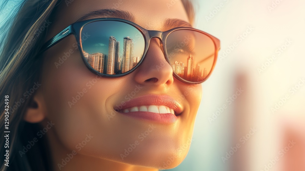 Woman wearing sunglasses is smiling at the camera. The city skyline is visible in the background. Concept of happiness and relaxation