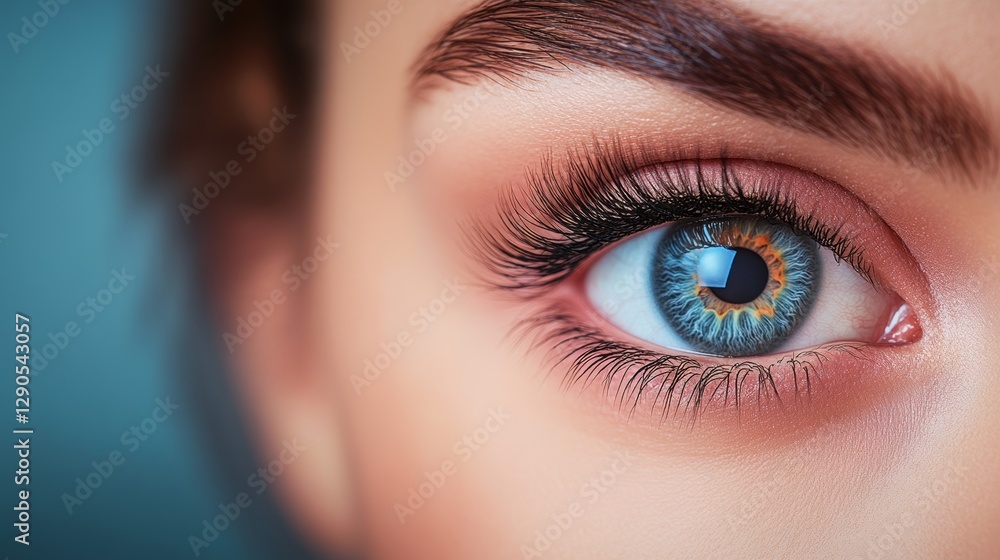 Woman's eye is shown in a close up. The eye is blue and has a greenish tint. The woman's hair is brown and her eyebrows are arched. The eye is surrounded by a pinkish tint Woman's eye is shown in a close up. The eye is blue and has a greenish tint. The woman's hair is brown and her eyebrows are arched. The eye is surrounded by a pinkish tint