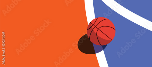 Basketball ball standing on white line on blue background