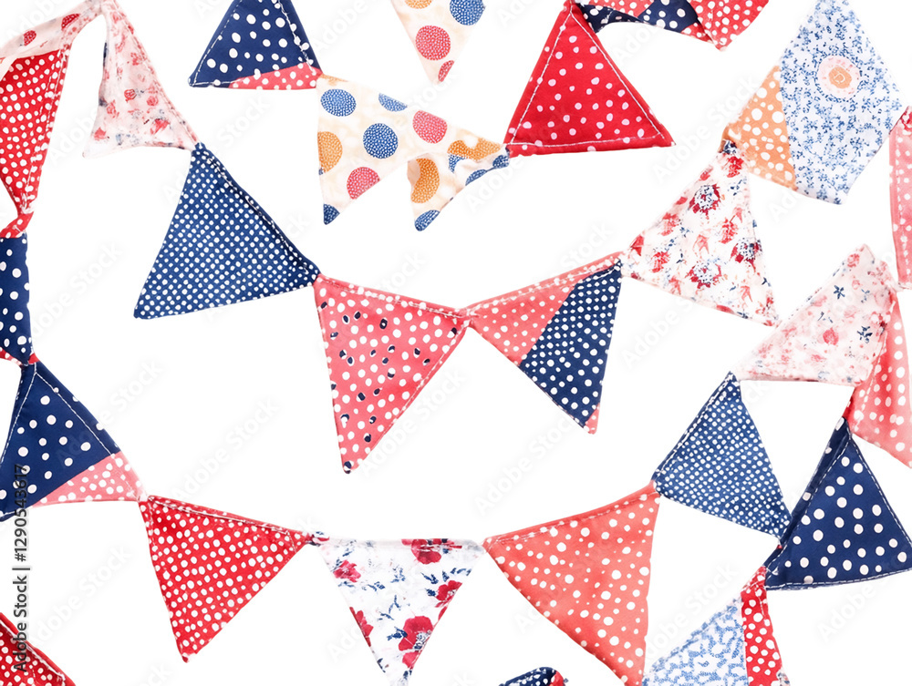 Red White and Blue Triangle Fabric Bunting Garland on Transparent Background, PNG Red White and Blue Triangle Fabric Bunting Garland on Transparent Background, PNG