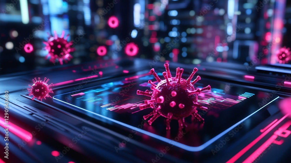 custom made wallpaper toronto digitalWirusy unoszÄ…ce siÄ™ nad futurystycznym interfejsem cyfrowym w neonowych kolorach