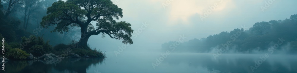 Ancient trees, shrouded in fog, loom over a dark lake, dramatic, somber, atmosphere Ancient trees, shrouded in fog, loom over a dark lake, dramatic, somber, atmosphere