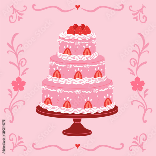 Tiered pink strawberry cake on a stand on a pink background. Vector graphics.