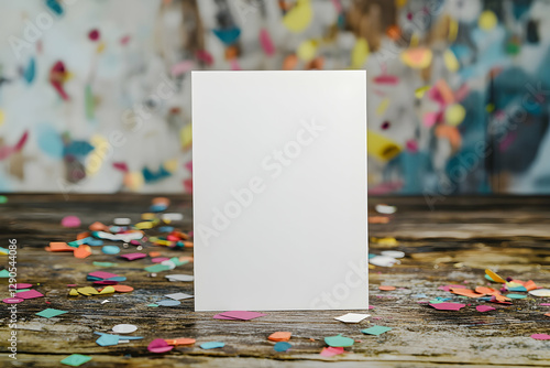 A blank greeting card mockup standing on a rustic wooden table, scattered with festive confetti.