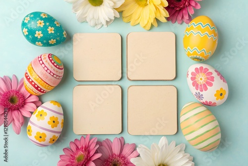 Square blank coasters arranged with hand-painted floral Easter eggs and fresh spring flowers on a pastel blue background, ideal for product mockups and sublimation designs.