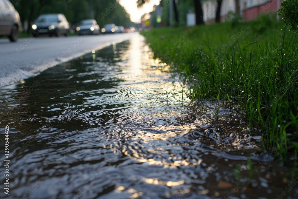 Fototapeta premium Water flows in roadside ditch after rain, with cars and a city street in background