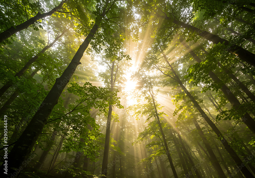 Naklejka premium Sunbeams Piercing Through Misty Forest Canopy: An Enchanting Dawn in Lush Green Woods