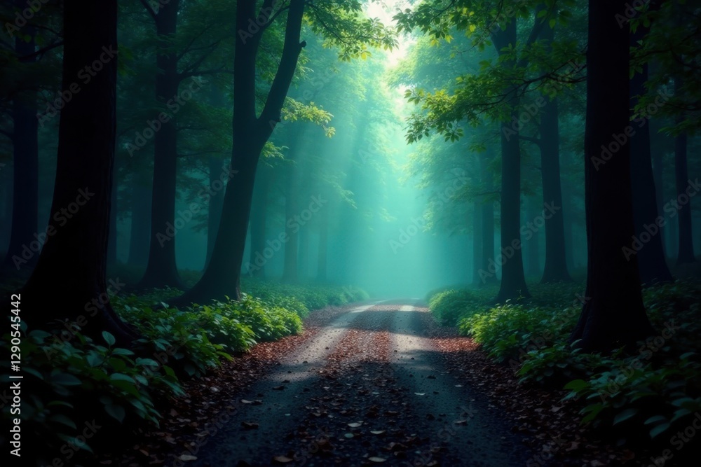 Empty blacktop ribbon unwinds into misty, shadowy forest depths , fog, path, drive Empty blacktop ribbon unwinds into misty, shadowy forest depths , fog, path, drive